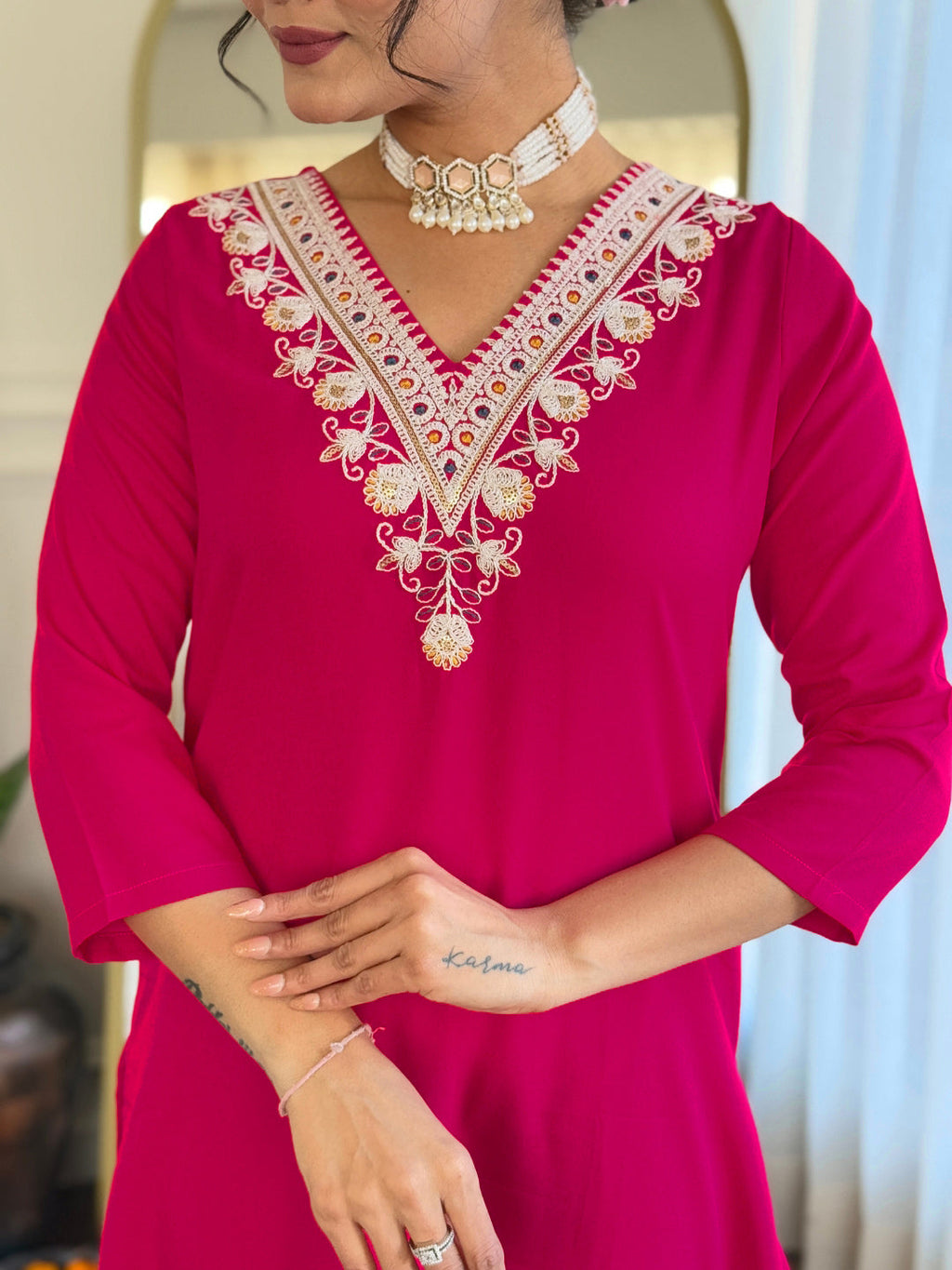 The52 Thread Work Rayon Fabric Straight Kurta, Pant and Dupatta Set | Grocsy