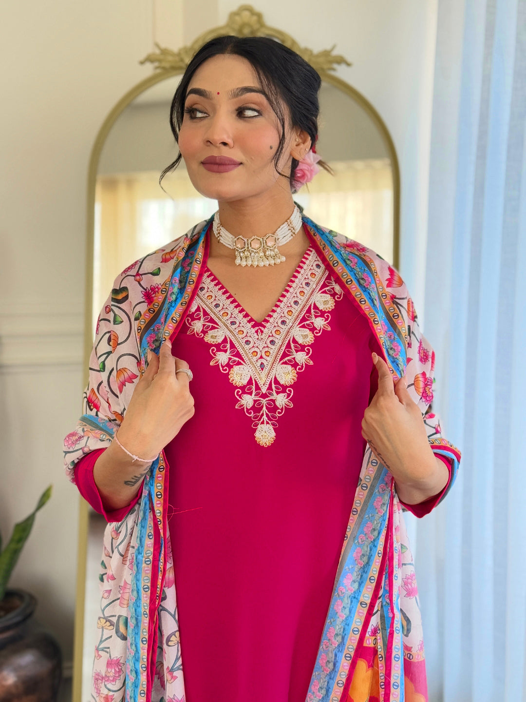 The52 Thread Work Rayon Fabric Straight Kurta, Pant and Dupatta Set | Grocsy