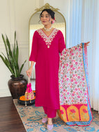 The52 Thread Work Rayon Fabric Straight Kurta, Pant and Dupatta Set | Grocsy