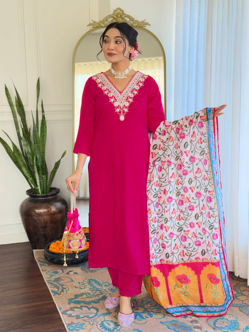 The52 Thread Work Rayon Fabric Straight Kurta, Pant and Dupatta Set | Grocsy