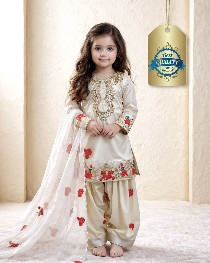 Evanik White Designer Party Wear Heavy Natural Crep Kids Patiala Set | Grocsy
