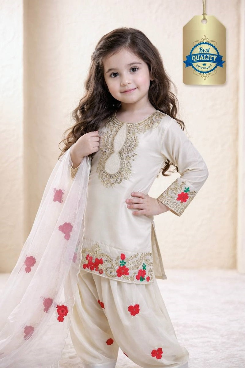 Evanik White Designer Party Wear Heavy Natural Crep Kids Patiala Set | Grocsy