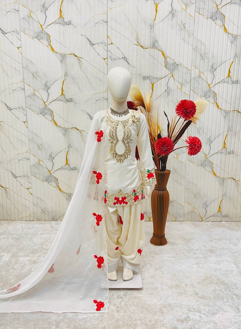 Evanik White Designer Party Wear Heavy Natural Crep Kids Patiala Set | Grocsy