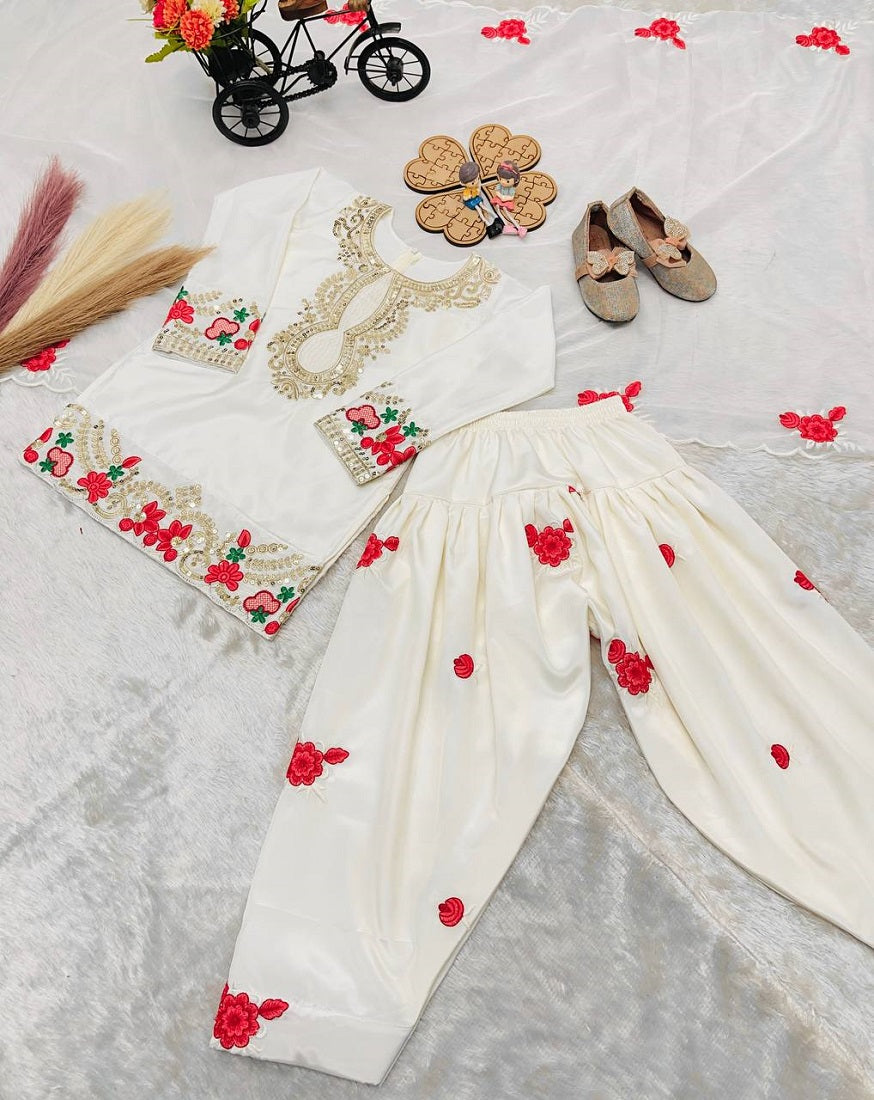 Evanik White Designer Party Wear Heavy Natural Crep Kids Patiala Set | Grocsy