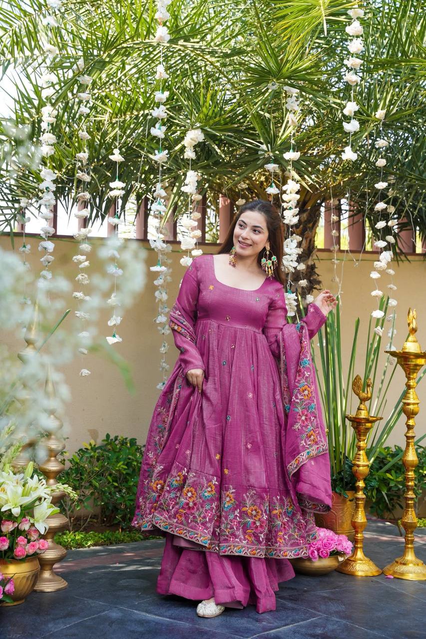 Yash Enterprise Dusty Rose Crunchy Silk Party Wear Embroidery Suit Set | Grocsy