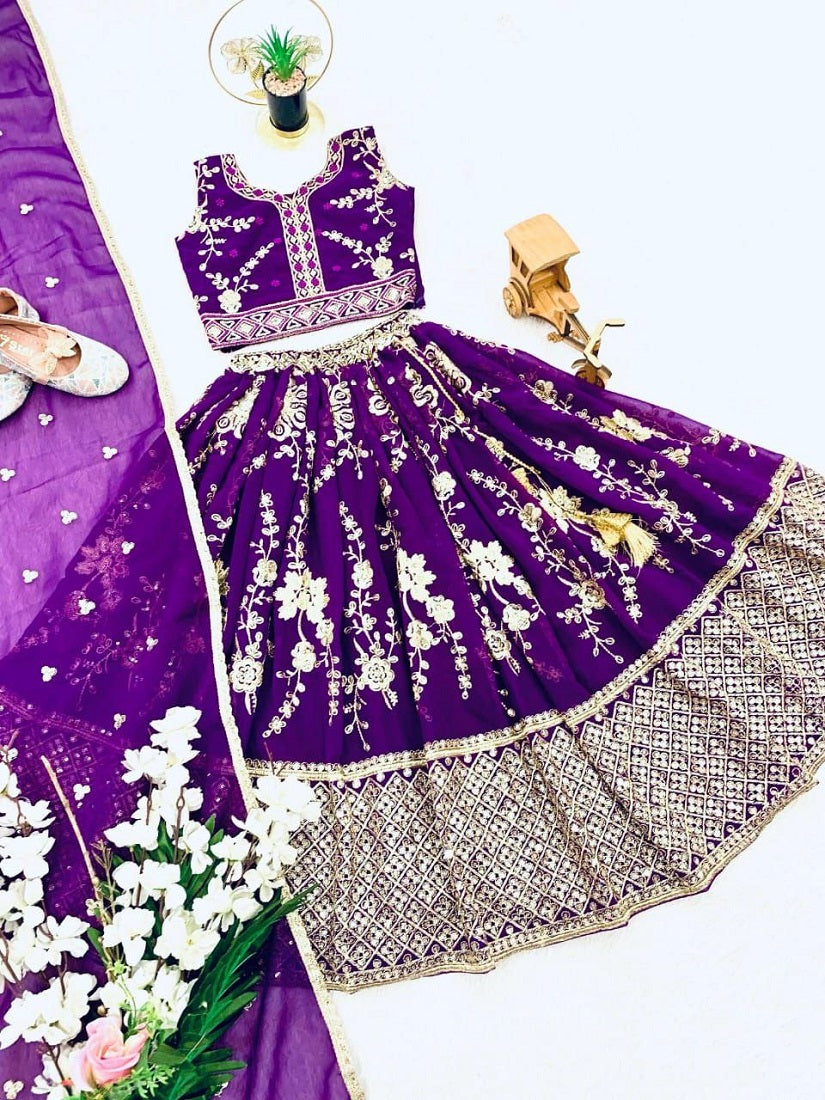 Evanik Purple Sequence Embroidered Lehenga Set for Kids | Grocsy