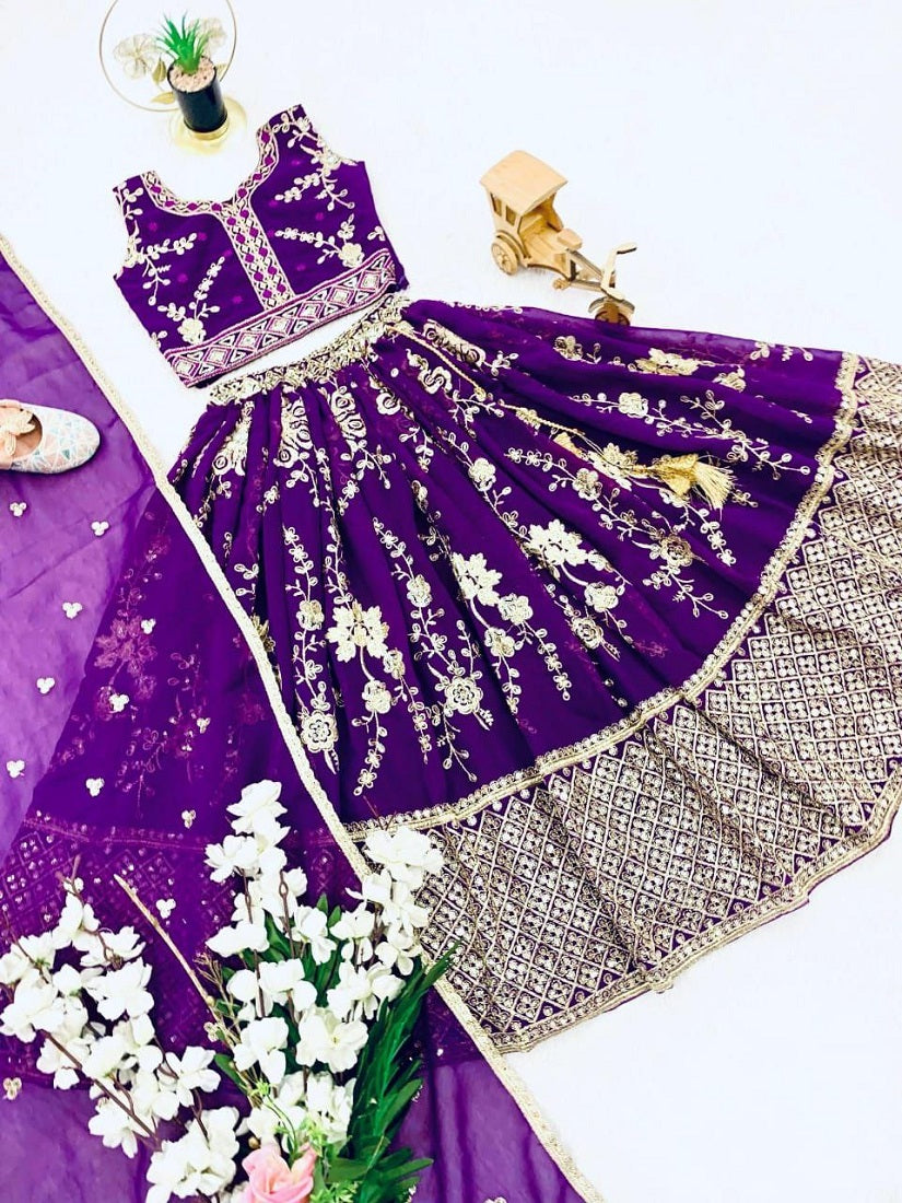 Evanik Purple Sequence Embroidered Lehenga Set for Kids | Grocsy