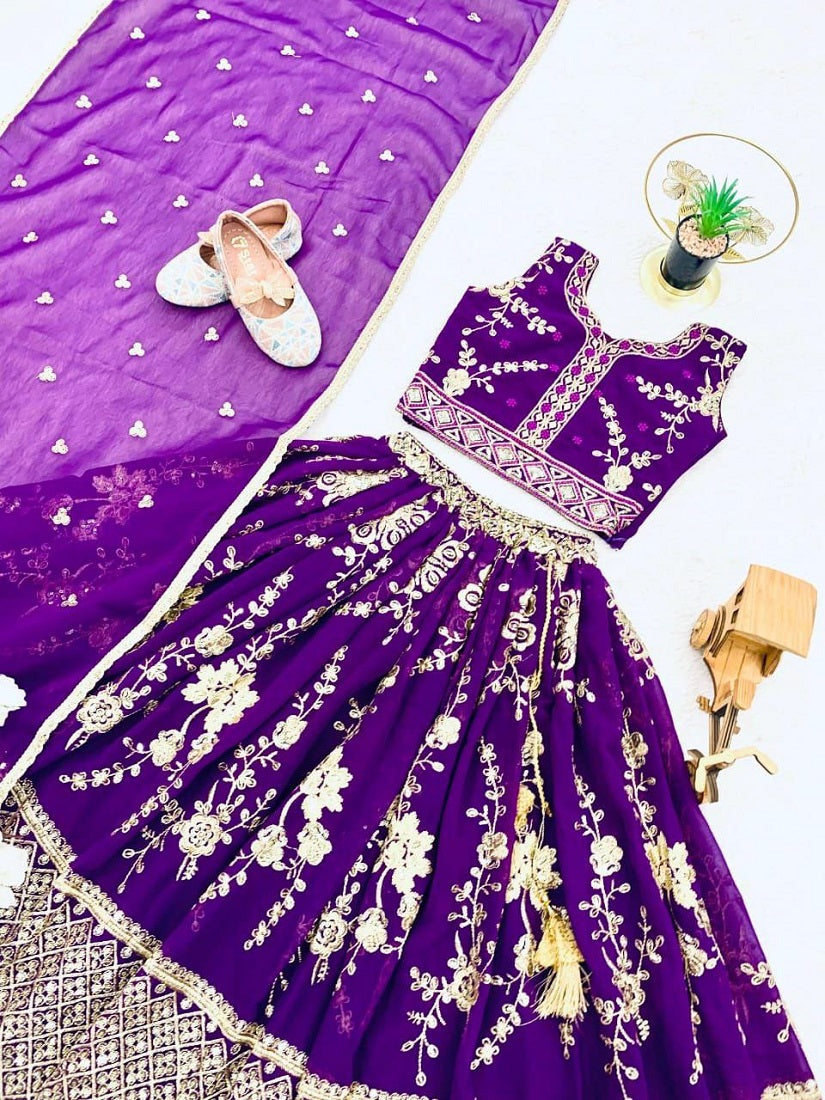 Evanik Purple Sequence Embroidered Lehenga Set for Kids | Grocsy
