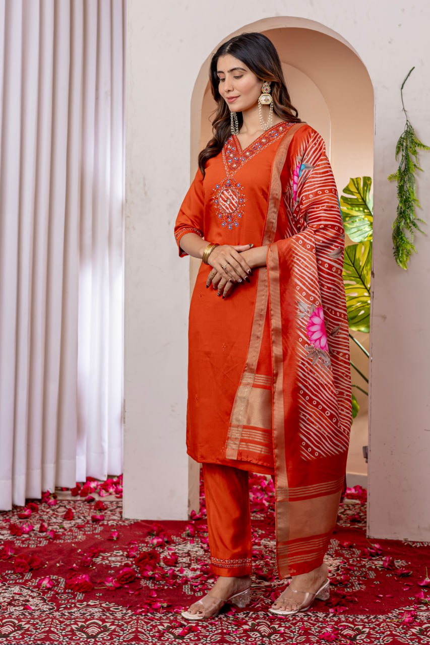 Pramukh Fab Orange Color Viscose Silk Kurta Set | Grocsy