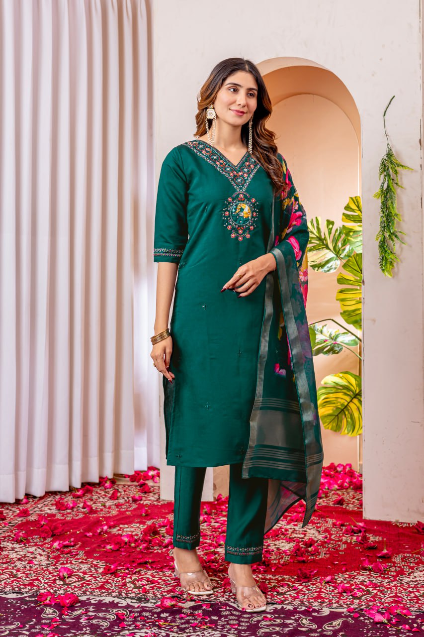 Pramukh Fab Emerald Color Viscose Silk Kurta Set | Grocsy