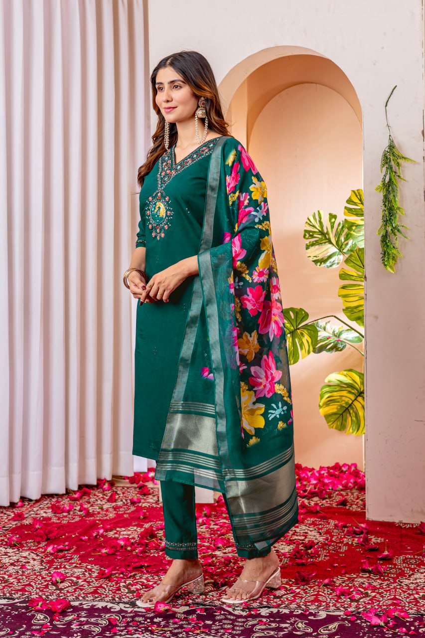 Pramukh Fab Emerald Color Viscose Silk Kurta Set | Grocsy