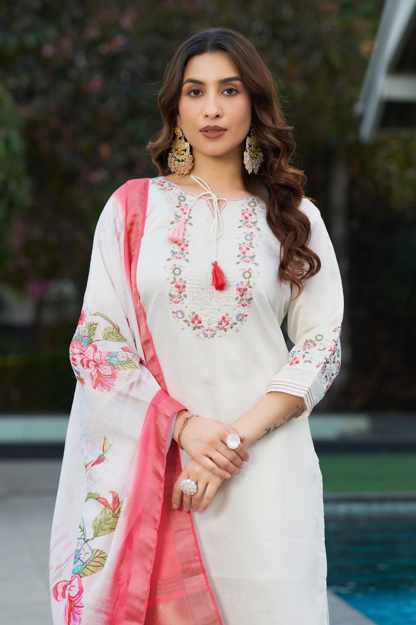 Pramukh Fab White Color Viscose Silk Kurta Set | Grocsy