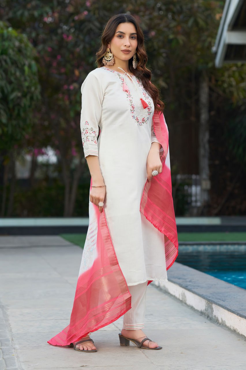 Pramukh Fab White Color Viscose Silk Kurta Set | Grocsy