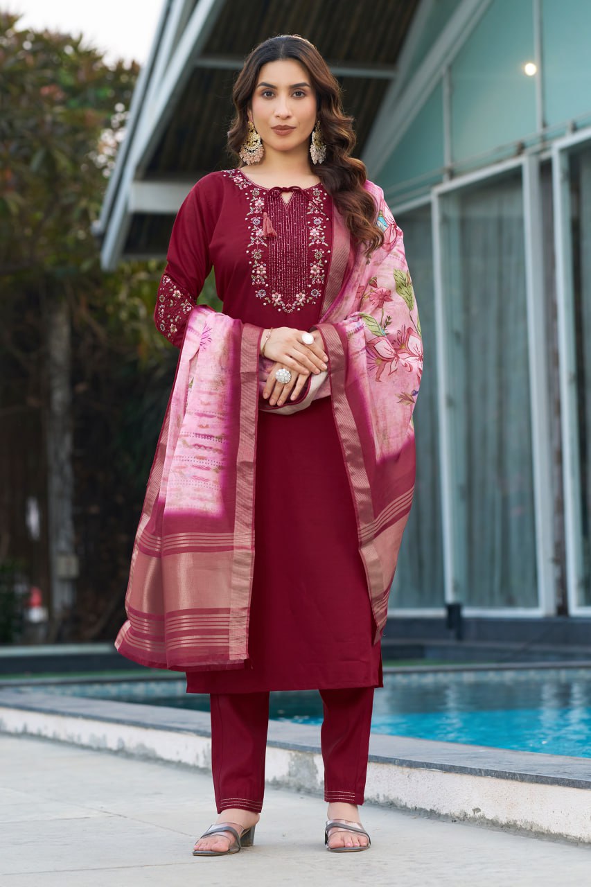 Pramukh Fab Maroon Color Viscose Silk Kurta Set | Grocsy