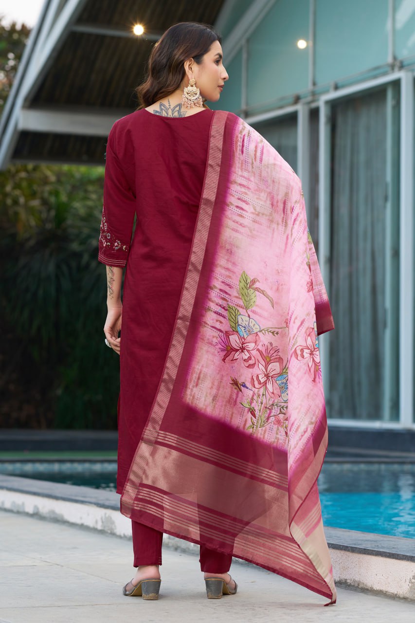 Pramukh Fab Maroon Color Viscose Silk Kurta Set | Grocsy