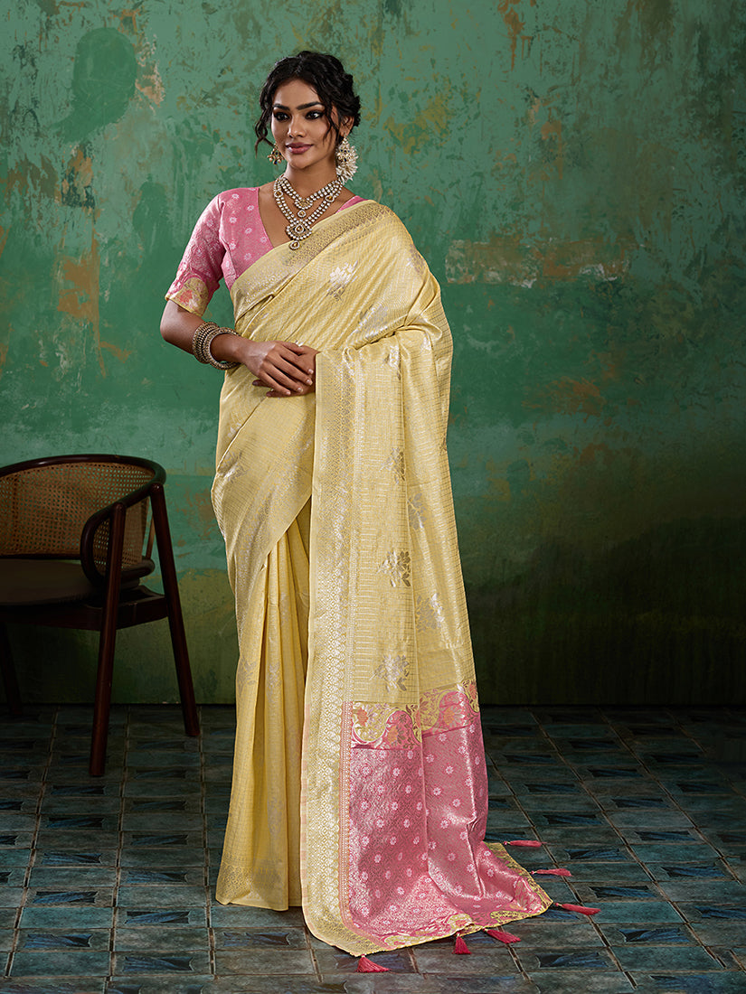 Monjolika Fashion Pastel Yellow & Pink Zari Woven Linen Silk Bend Saree with Floral Motifs | Grocsy