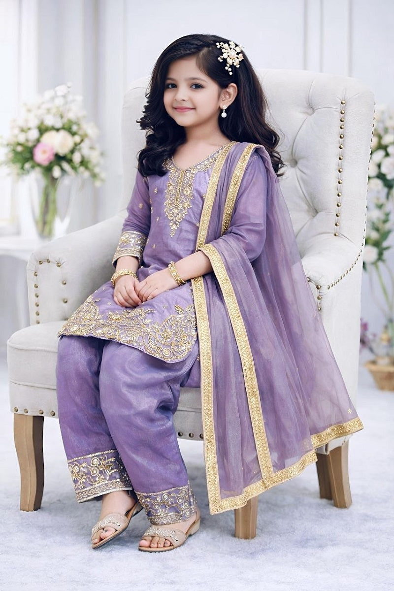 Evanik Purple Designer Party Wear Look Kids Top Salwar & Dupata | Grocsy
