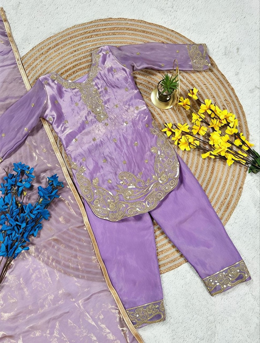 Evanik Purple Designer Party Wear Look Kids Top Salwar & Dupata | Grocsy