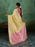 Monjolika Fashion Pastel Yellow & Pink Zari Woven Linen Silk Bend Saree with Floral Motifs | Grocsy