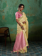 Monjolika Fashion Pastel Yellow & Pink Zari Woven Linen Silk Bend Saree with Floral Motifs | Grocsy