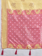 Monjolika Fashion Pastel Yellow & Pink Zari Woven Linen Silk Bend Saree with Floral Motifs | Grocsy