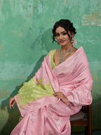 Monjolika Fashion Pink & Olive Green Zari Woven Linen Silk Bend Saree with Floral Motifs | Grocsy