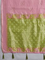 Monjolika Fashion Pink & Olive Green Zari Woven Linen Silk Bend Saree with Floral Motifs | Grocsy