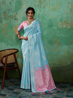 Monjolika Fashion Sky Blue & Pink Zari Woven Linen Silk Bend Saree with Floral Motifs | Grocsy