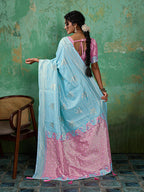 Monjolika Fashion Sky Blue & Pink Zari Woven Linen Silk Bend Saree with Floral Motifs | Grocsy