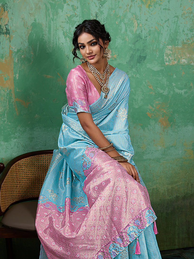 Monjolika Fashion Sky Blue & Pink Zari Woven Linen Silk Bend Saree with Floral Motifs | Grocsy