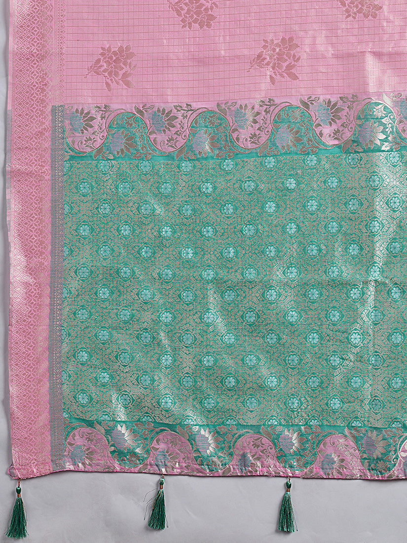 Monjolika Fashion Pink & Mint Green Zari Woven Linen Silk Bend Saree with Floral Motifs | Grocsy