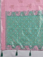 Monjolika Fashion Pink & Mint Green Zari Woven Linen Silk Bend Saree with Floral Motifs | Grocsy