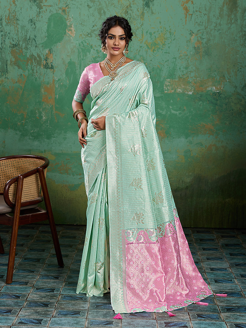 Monjolika Fashion Mint Green & Pink Zari Woven Linen Silk Bend Saree with Floral Motifs | Grocsy