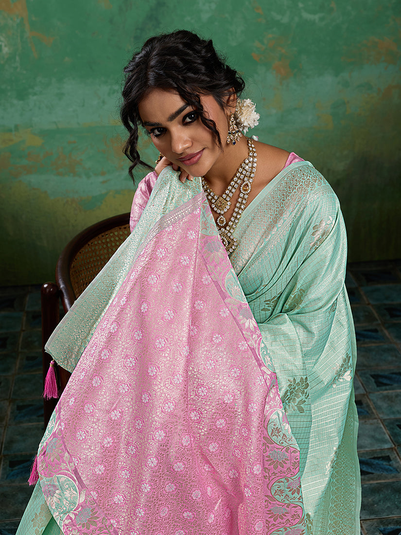 Monjolika Fashion Mint Green & Pink Zari Woven Linen Silk Bend Saree with Floral Motifs | Grocsy