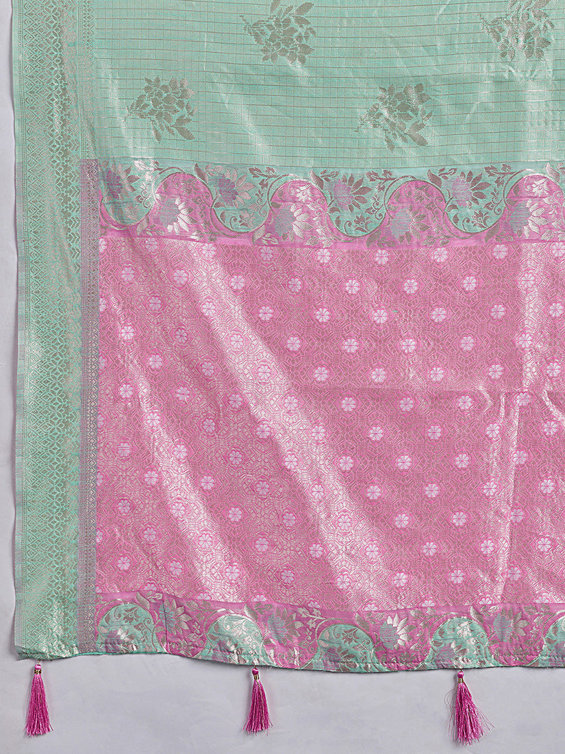 Monjolika Fashion Mint Green & Pink Zari Woven Linen Silk Bend Saree with Floral Motifs | Grocsy