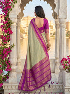 Monjolika Fashion Light Sage Green & Magenta Zari Woven Banarasi Silk Blend Saree | Grocsy