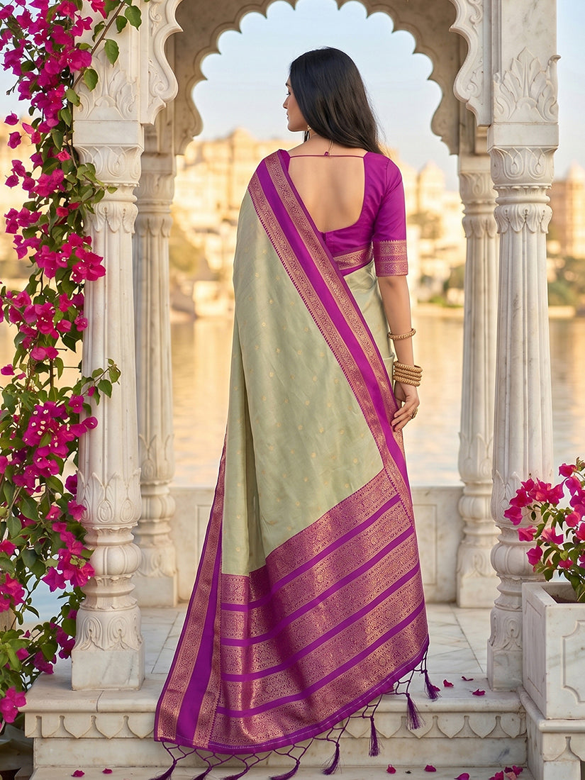Monjolika Fashion Light Sage Green & Magenta Zari Woven Banarasi Silk Blend Saree | Grocsy