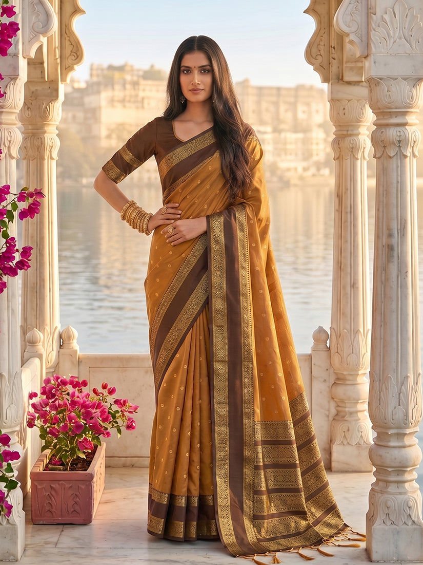 Monjolika Fashion Rust & Brown Zari Woven Banarasi Silk Blend Saree | Grocsy