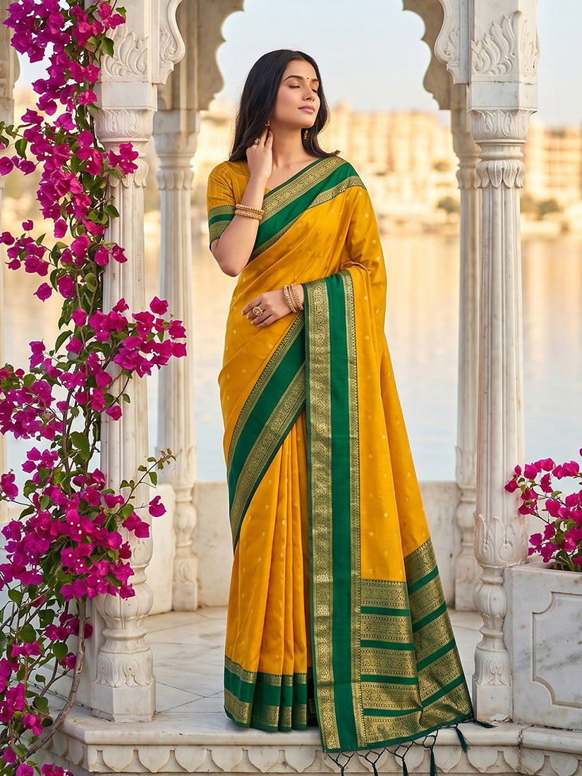 Monjolika Fashion Mustard & Green Zari Woven Banarasi Silk Blend Saree | Grocsy