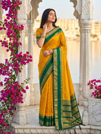 Monjolika Fashion Mustard & Green Zari Woven Banarasi Silk Blend Saree | Grocsy