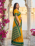 Monjolika Fashion Mustard & Green Zari Woven Banarasi Silk Blend Saree | Grocsy