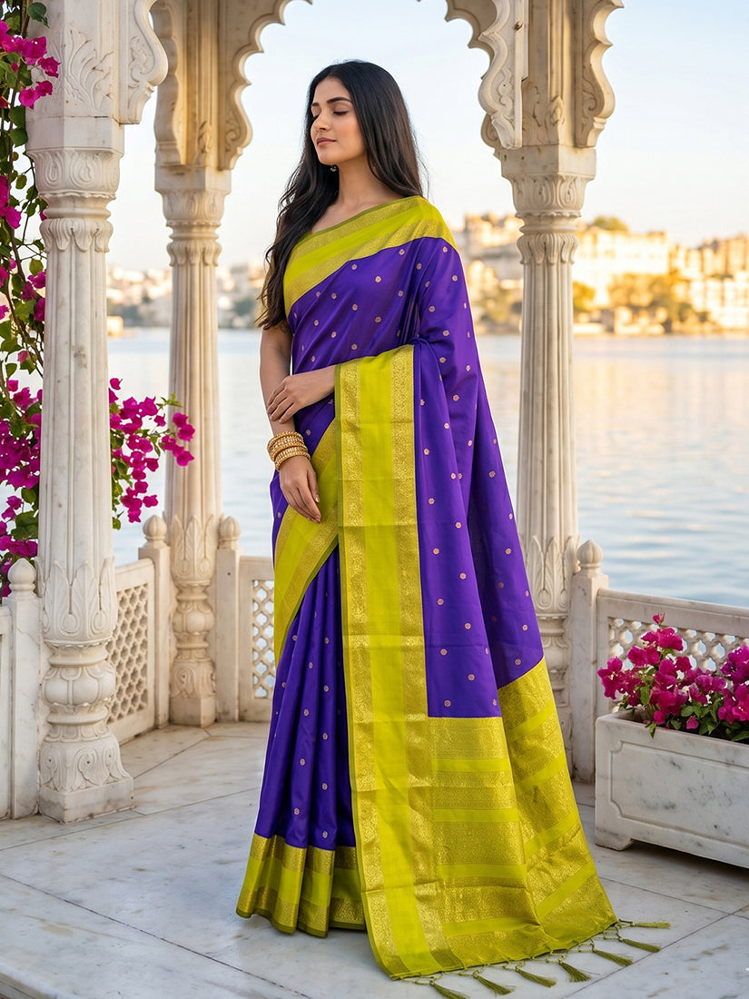 Monjolika Fashion Purple & Lime Green Zari Woven Banarasi Silk Blend Saree | Grocsy