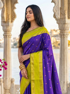 Monjolika Fashion Purple & Lime Green Zari Woven Banarasi Silk Blend Saree | Grocsy