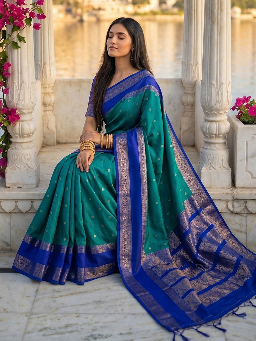 Monjolika Fashion Teal & Royal Blue Zari Woven Banarasi Silk Blend Saree | Grocsy