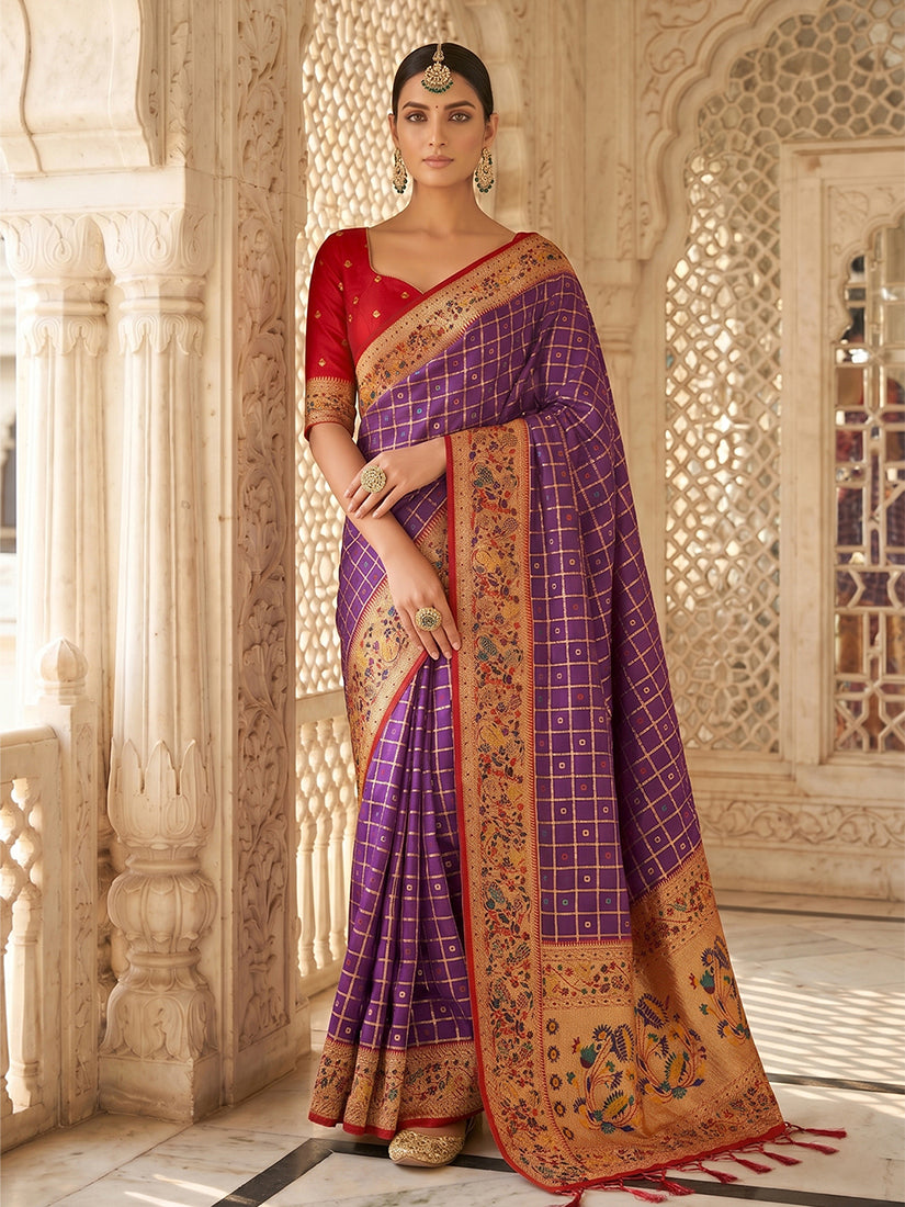 Monjolika Fashion Purple Banarasi Silk Blend Saree With Paithani Floral Pallu | Grocsy