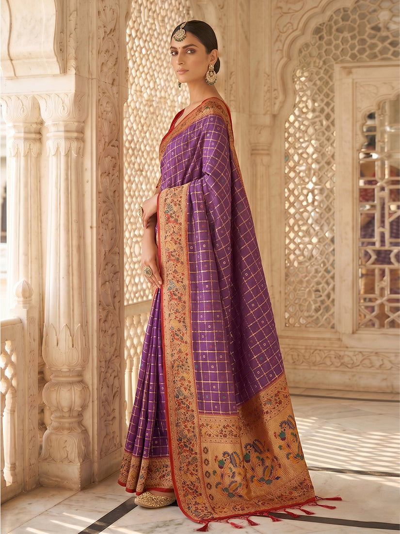 Monjolika Fashion Purple Banarasi Silk Blend Saree With Paithani Floral Pallu | Grocsy