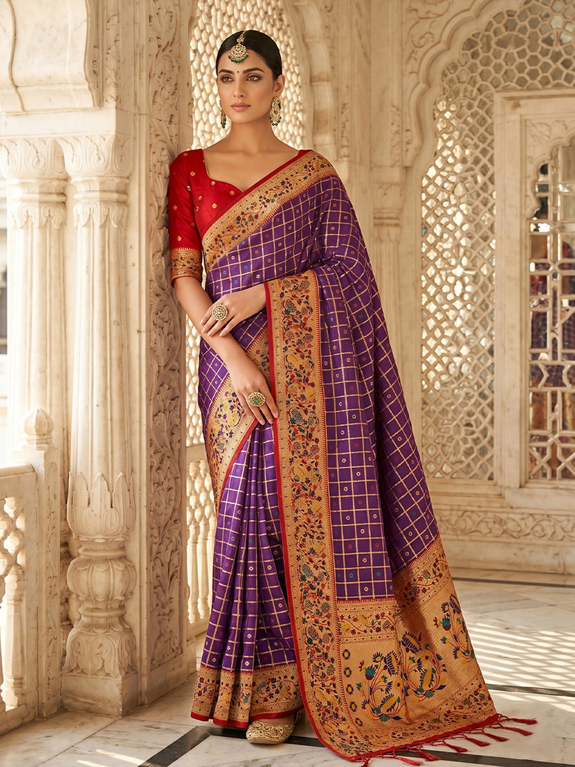 Monjolika Fashion Purple Banarasi Silk Blend Saree With Paithani Floral Pallu | Grocsy