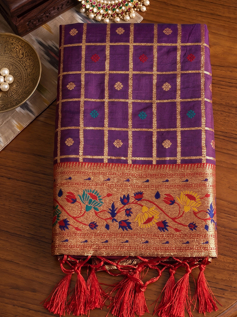 Monjolika Fashion Purple Banarasi Silk Blend Saree With Paithani Floral Pallu | Grocsy