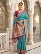 Monjolika Fashion Aqua Blue Banarasi Silk Blend Saree With Paithani Floral Pallu | Grocsy