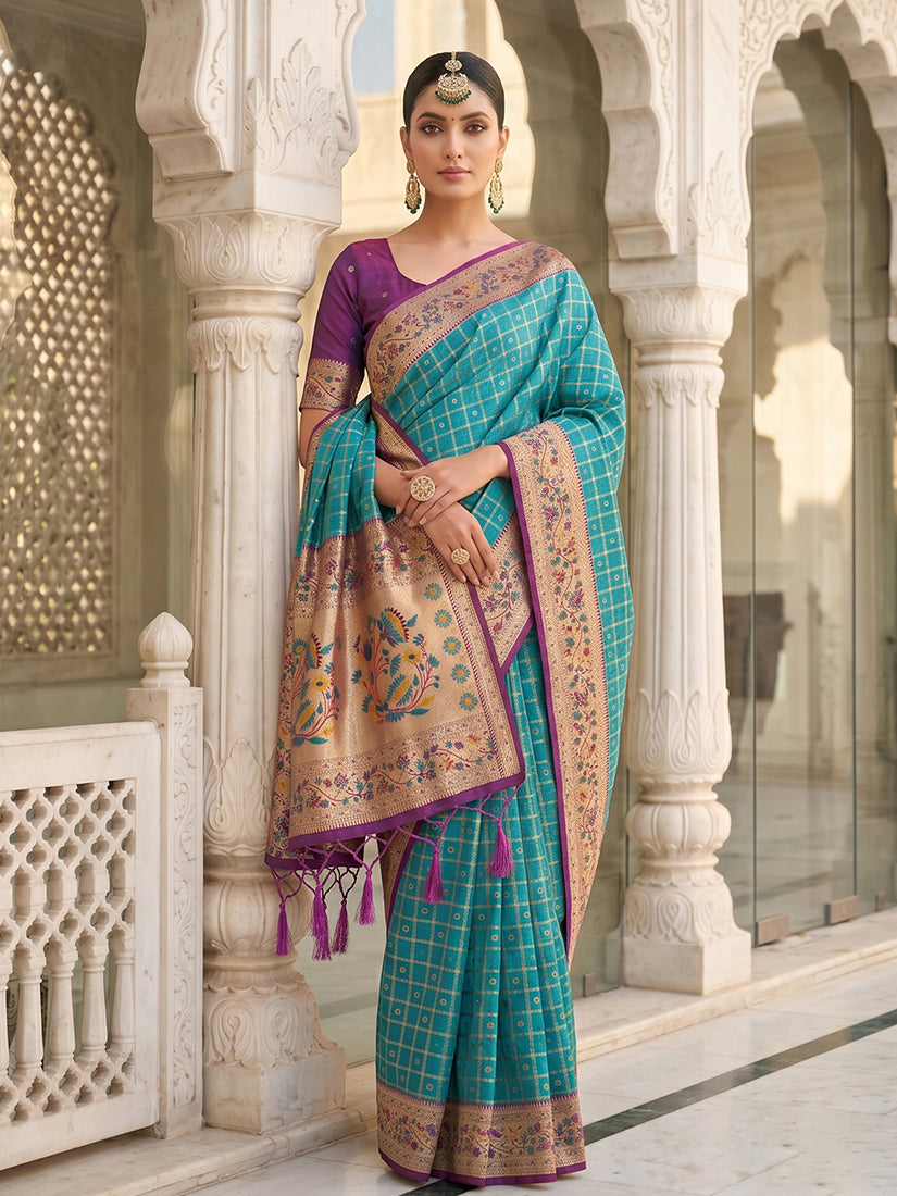 Monjolika Fashion Aqua Blue Banarasi Silk Blend Saree With Paithani Floral Pallu | Grocsy